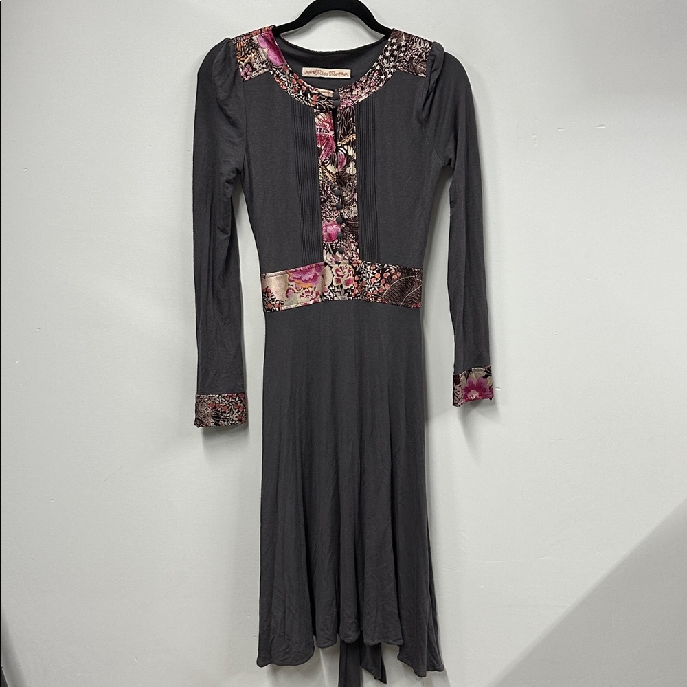 Miss Me Charcoal Dress with Pink and Orange Floral Trim L